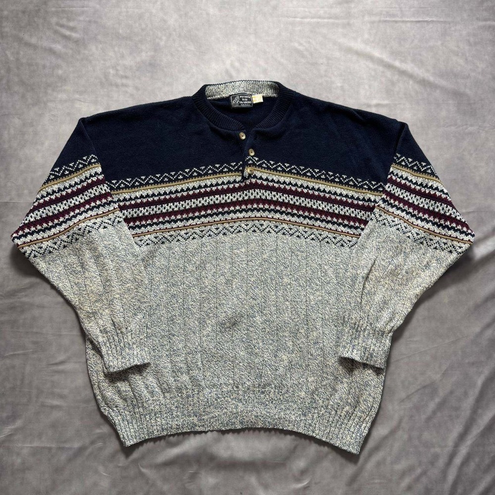 Peconic Bay Traders Mens XXL Vintage Fair Isle Henley Sweater Navy Grey Cotton